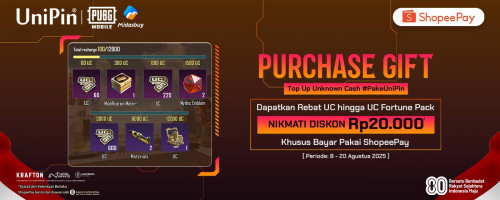 Dapatkan Rebat UC s.d. UC Fortune Pack di Purchase Gift! Ekstra Diskon s.d. Rp20.000 dengan Top Up PUBG Mobile Pakai ShopeePay!